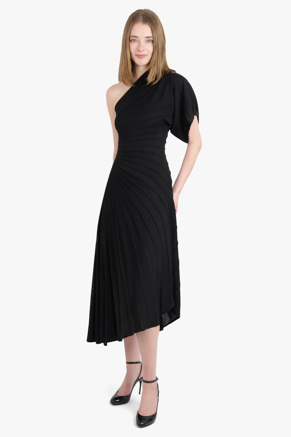 ALAIA RTW Asymmetric One Shoulder Midi Ray Dress | Black