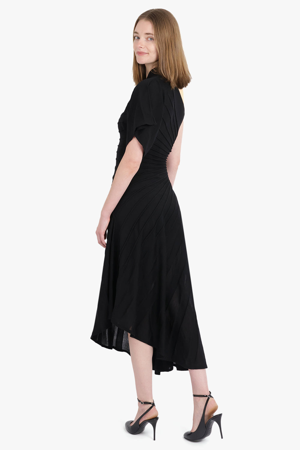 ALAIA RTW Asymmetric One Shoulder Midi Ray Dress | Black