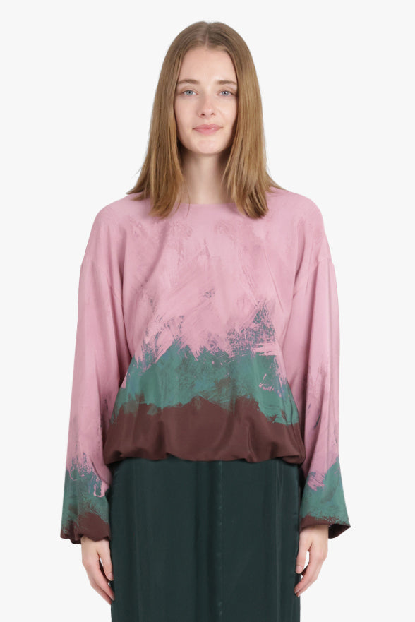 DRIES VAN NOTEN RTW Capo Abstract Print L/S Top | Pink/Green/Maroon