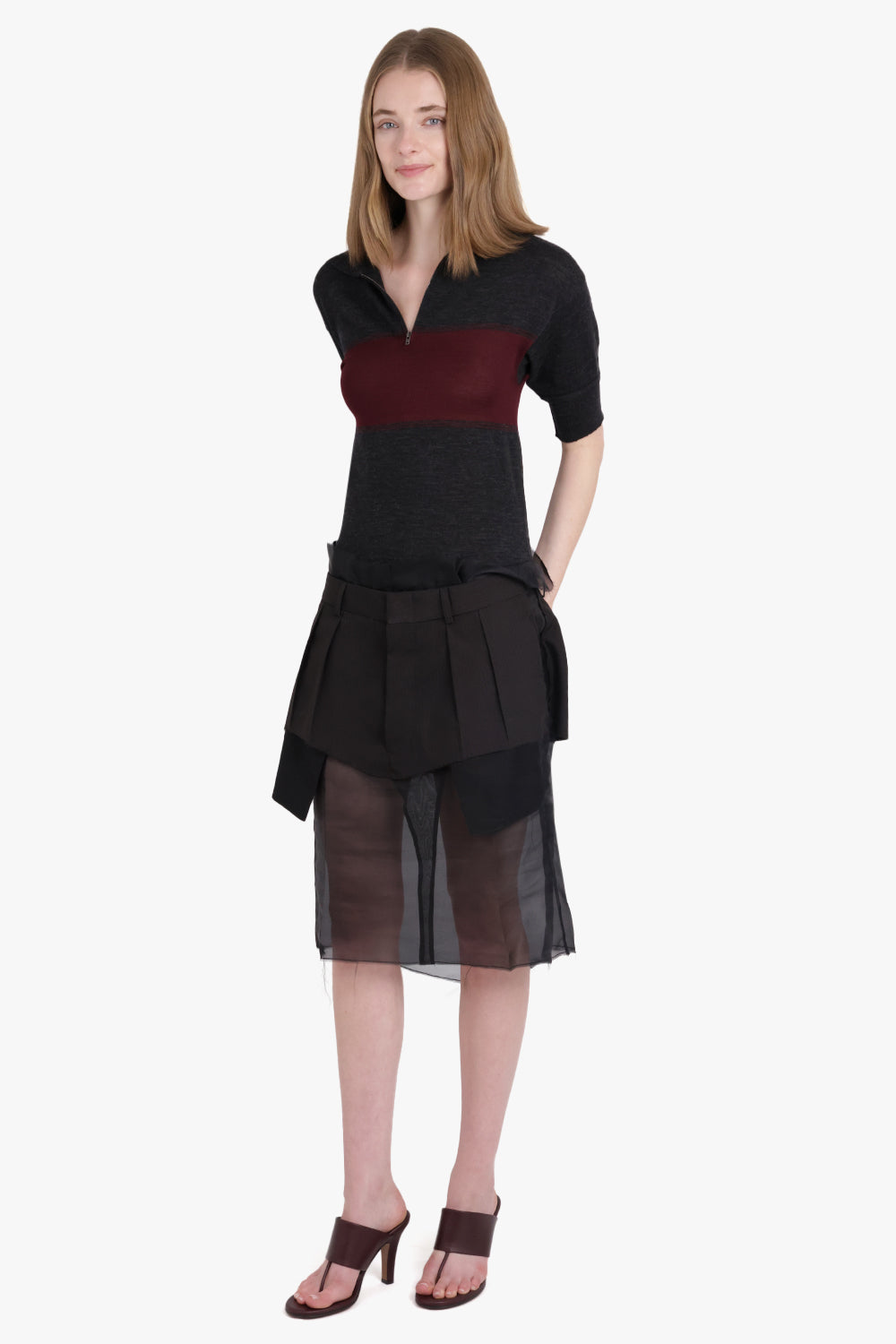 MAISON MARGIELA RTW Polo Top Style S/S Midi Dress with Quilted Sheer Skirt | Charcoal/Burgundy