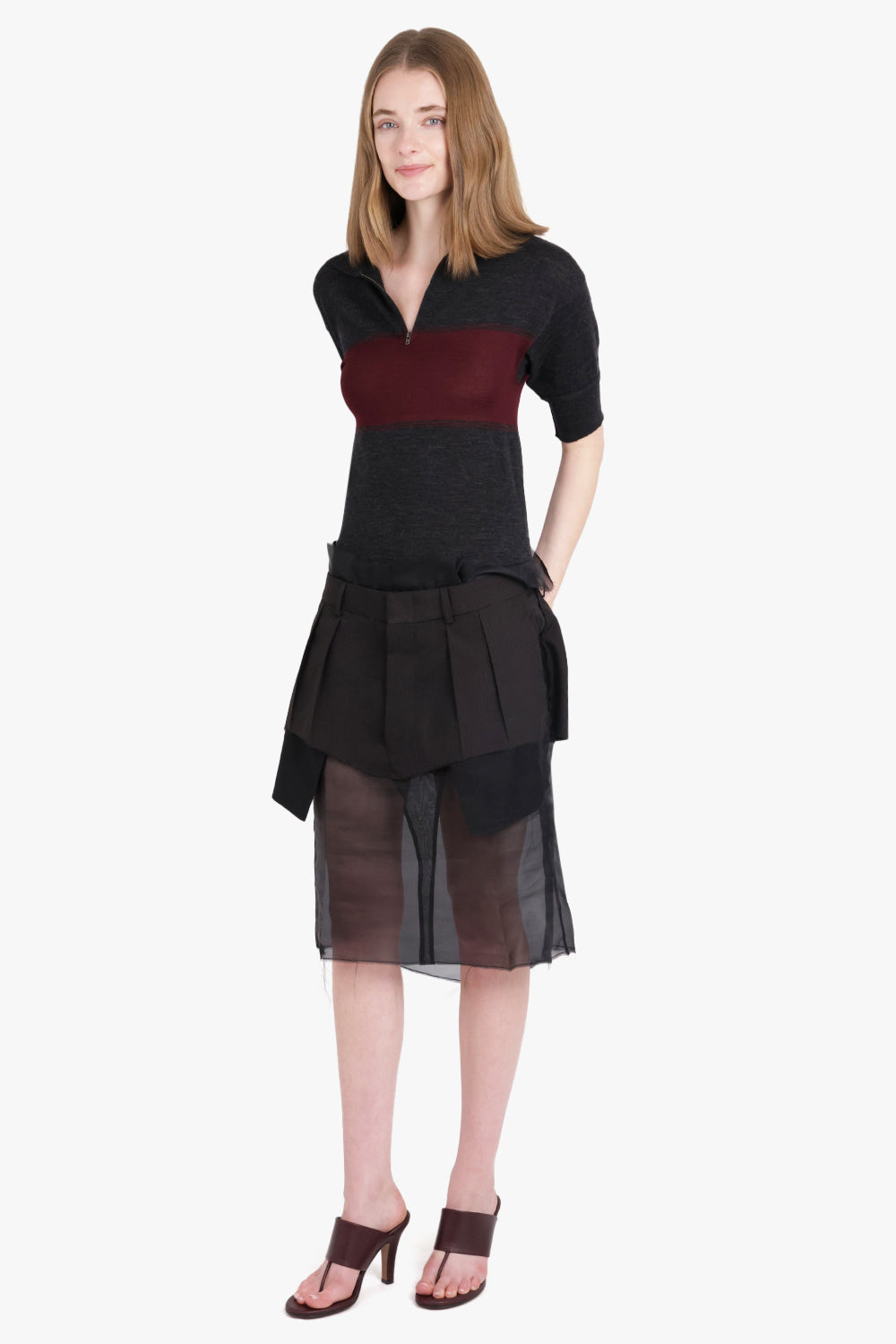 MAISON MARGIELA RTW Polo Top Style S/S Midi Dress with Quilted Sheer Skirt | Charcoal/Burgundy