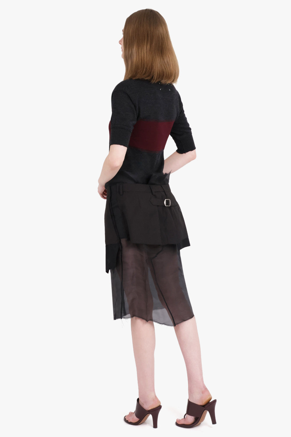 MAISON MARGIELA RTW Polo Top Style S/S Midi Dress with Quilted Sheer Skirt | Charcoal/Burgundy