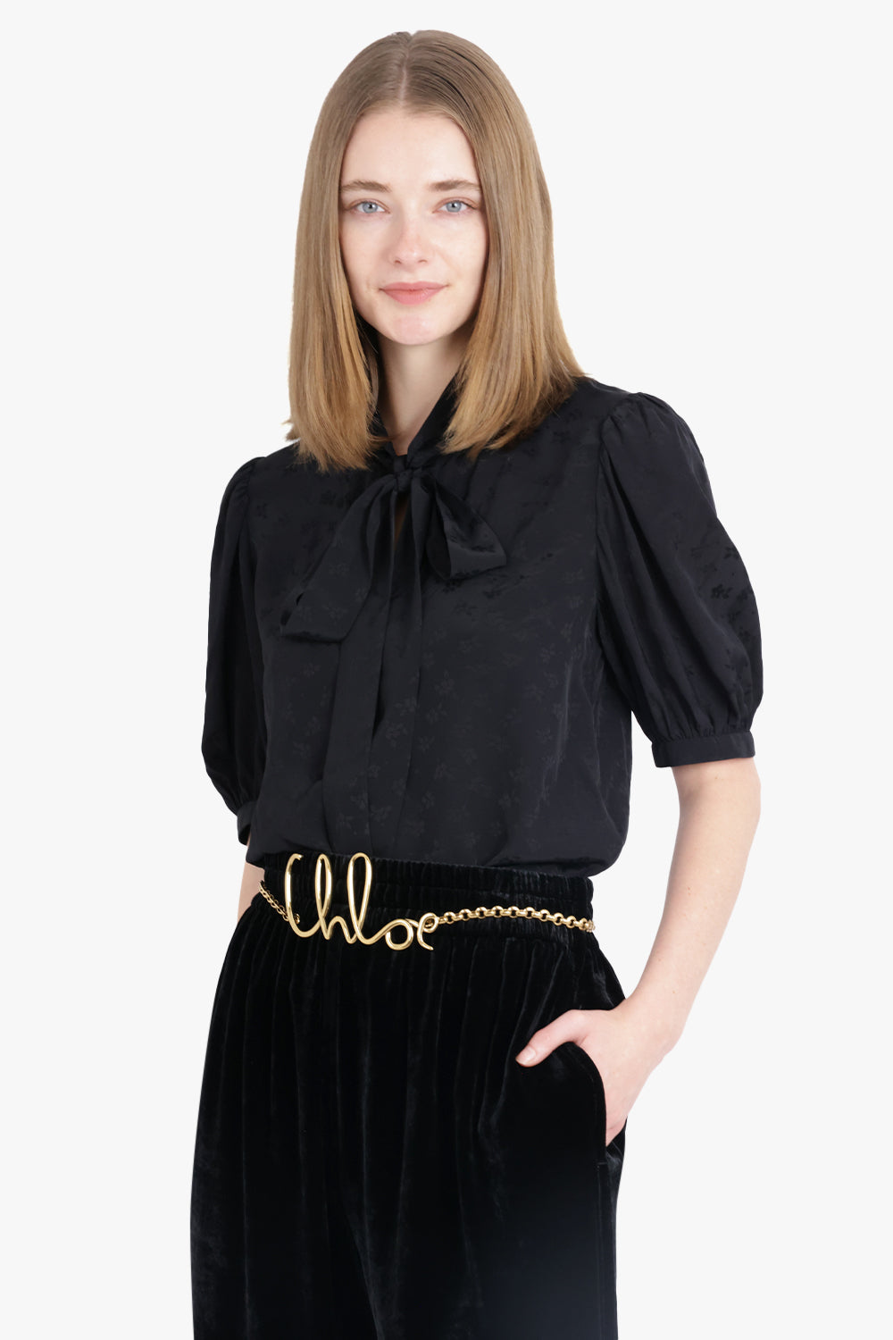 CHLOE RTW Tie Neck S/S Blouse | Black