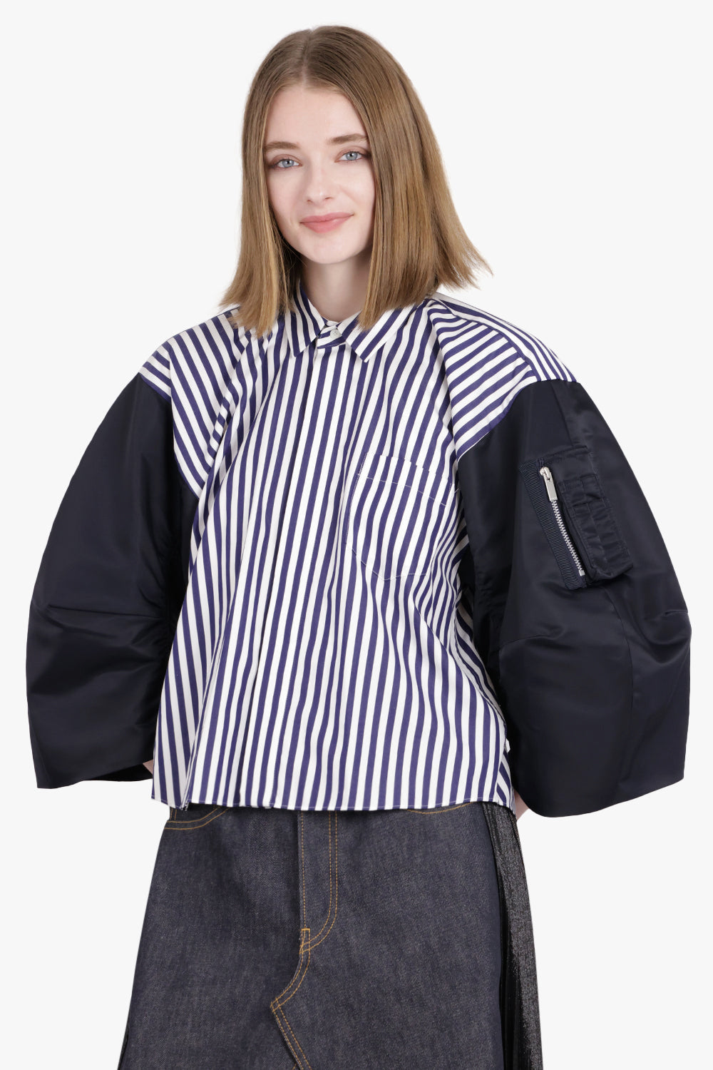 SACAI RTW Contrast Balloon L/S Cropped Stripe Shirt | Navy/White