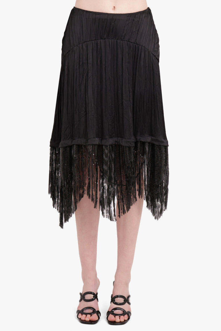 RABANNE RTW RUCHED ASYMMETRIC FRINGE MIDI SKIRT | BLACK