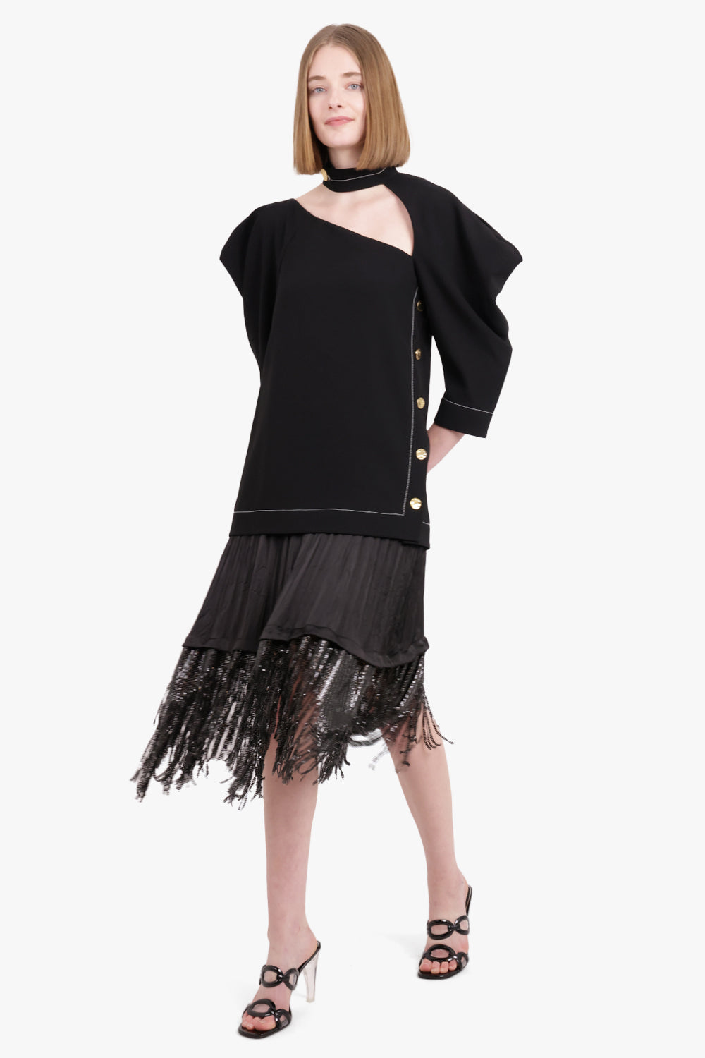 RABANNE RTW RUCHED ASYMMETRIC FRINGE MIDI SKIRT | BLACK