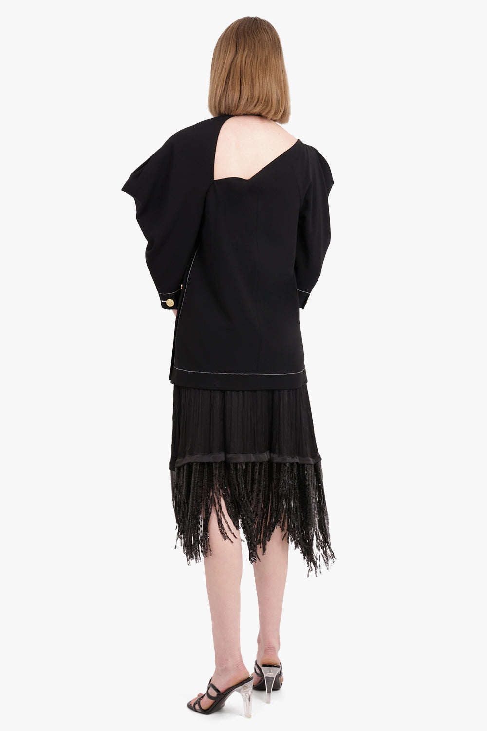 RABANNE RTW RUCHED ASYMMETRIC FRINGE MIDI SKIRT | BLACK