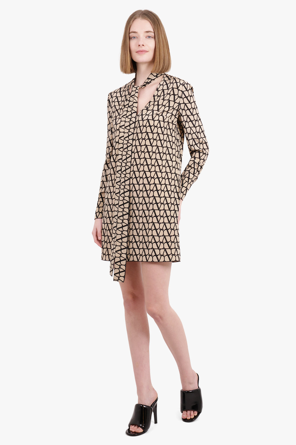 VALENTINO GARAVANI RTW TOILE ICONOGRAPHE MINI SILK DRESS | BEIGE/NERO