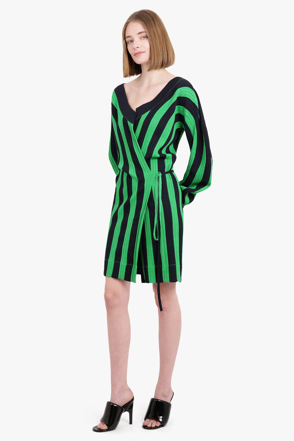 BOTTEGA VENETA RTW STRIPE WRAP DRESS | GREEN/NAVY