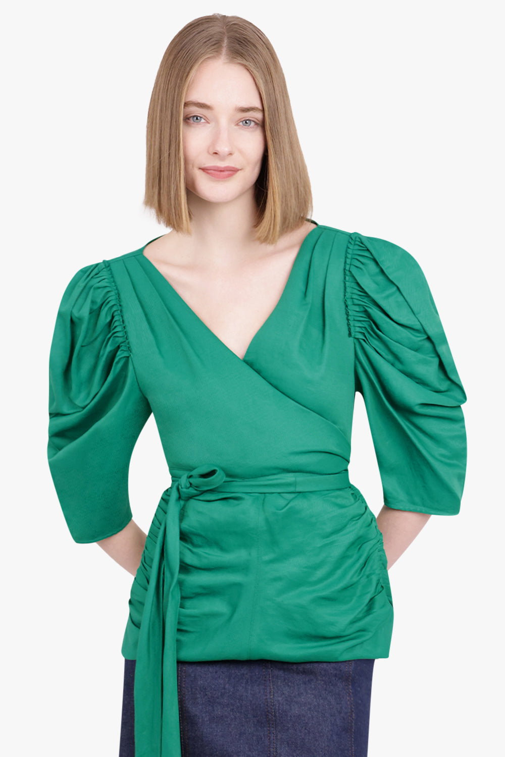 PROENZA SCHOULER RTW SHIRRED SLEEVE WRAP TOP 3/4SL EMERALD GREEN