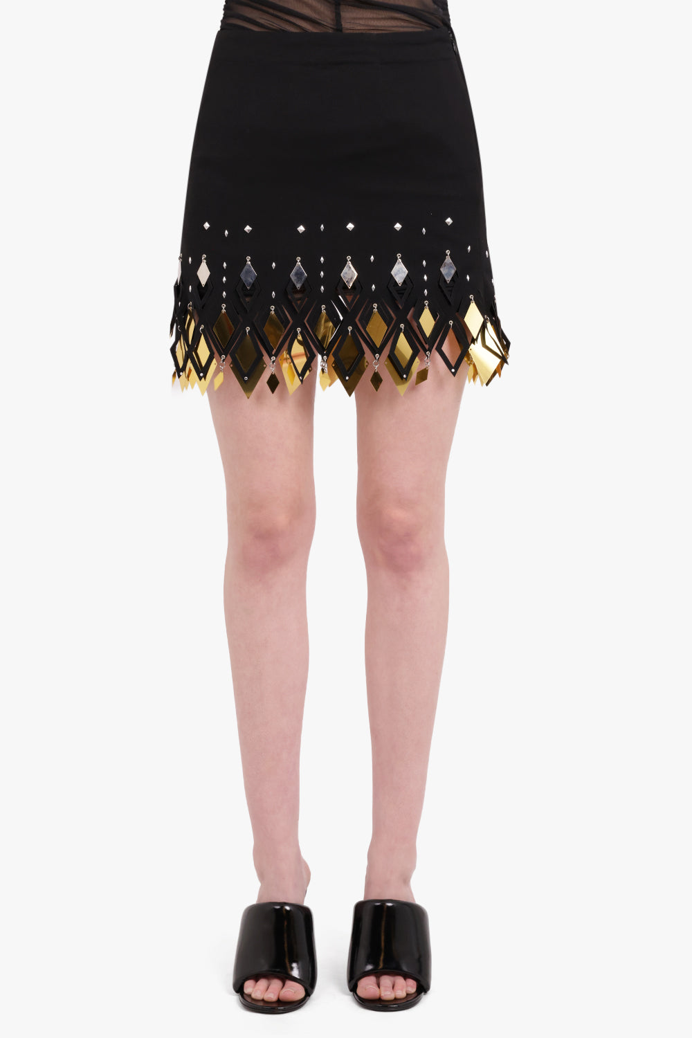 RABANNE RTW Crepe Mini Skirt with Diamond-Shaped Assembly | Black