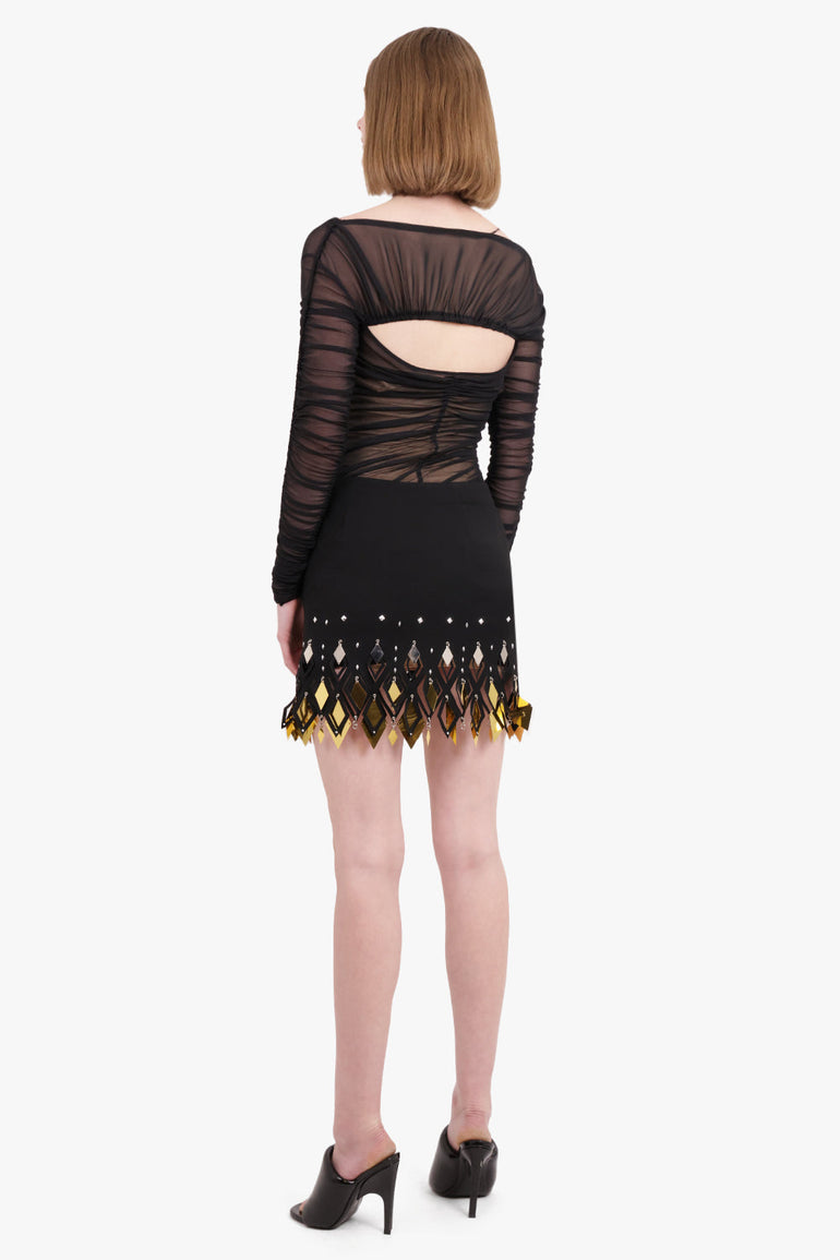 RABANNE RTW Crepe Mini Skirt with Diamond-Shaped Assembly | Black