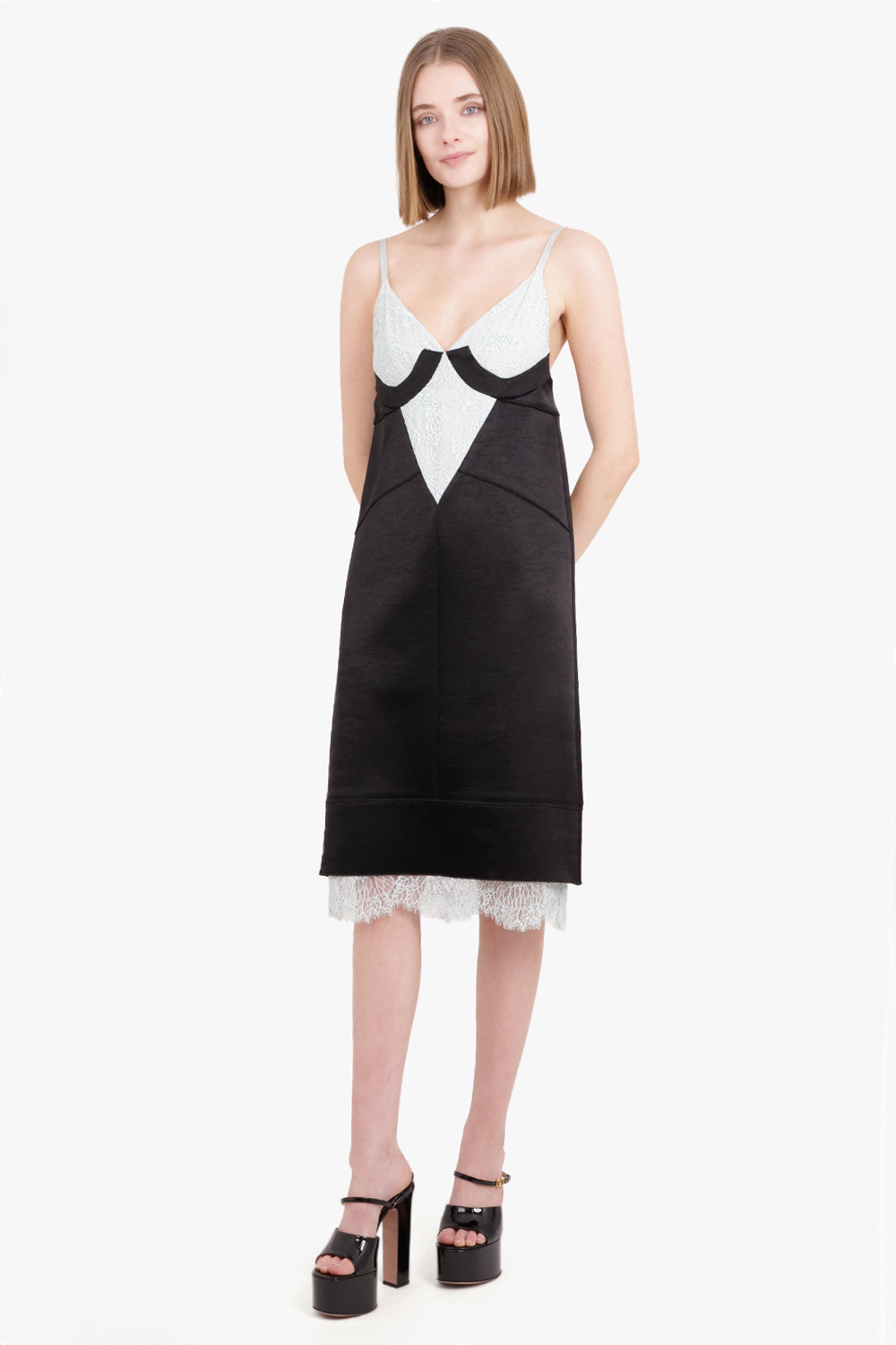 PROENZA SCHOULER RTW CONTRAST LACE SLIP DRESS BLACK