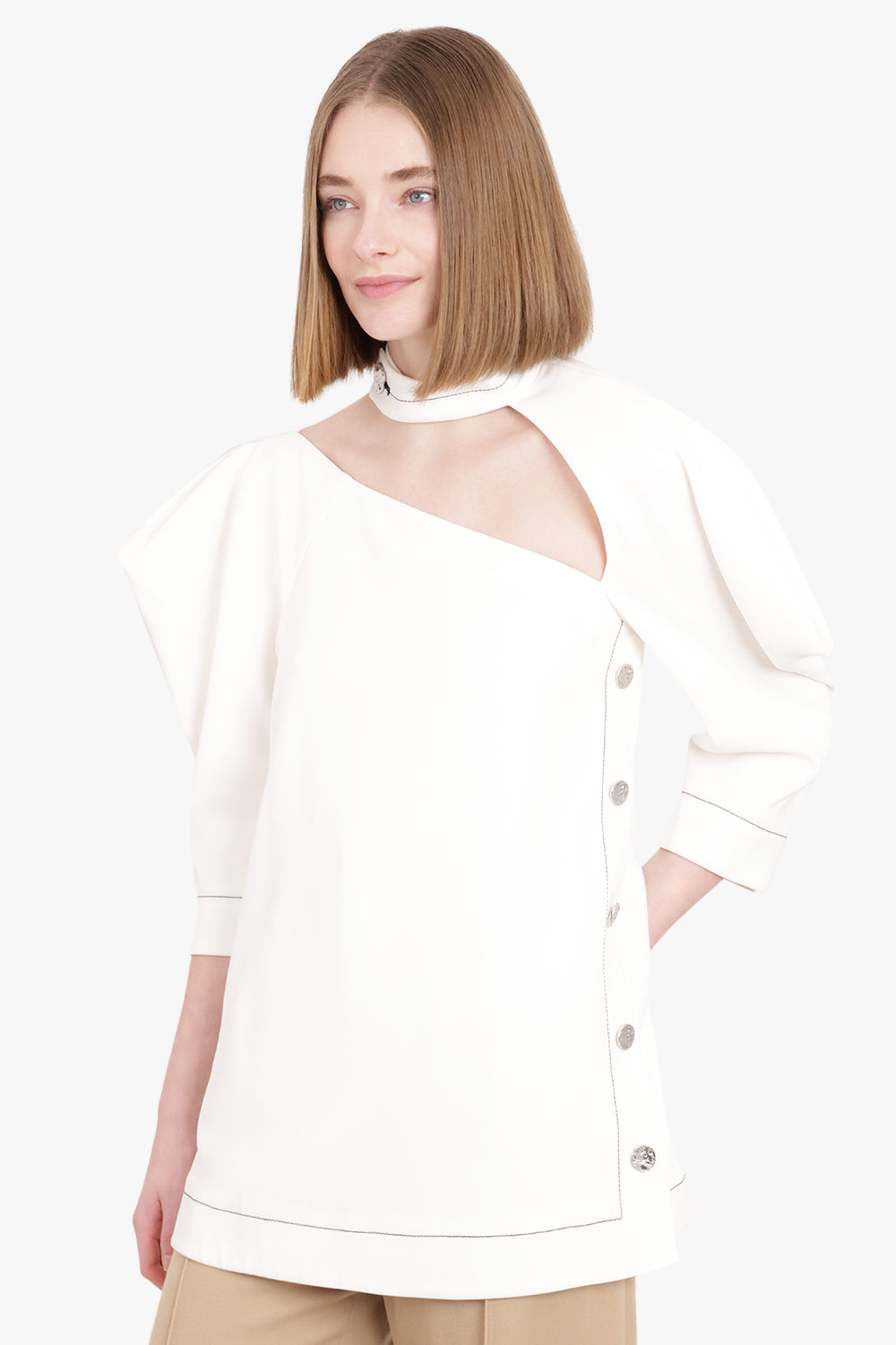 PROENZA SCHOULER RTW ASYMMETRIC CUTOUT BLOUSE 3/4SL OFF WHITE