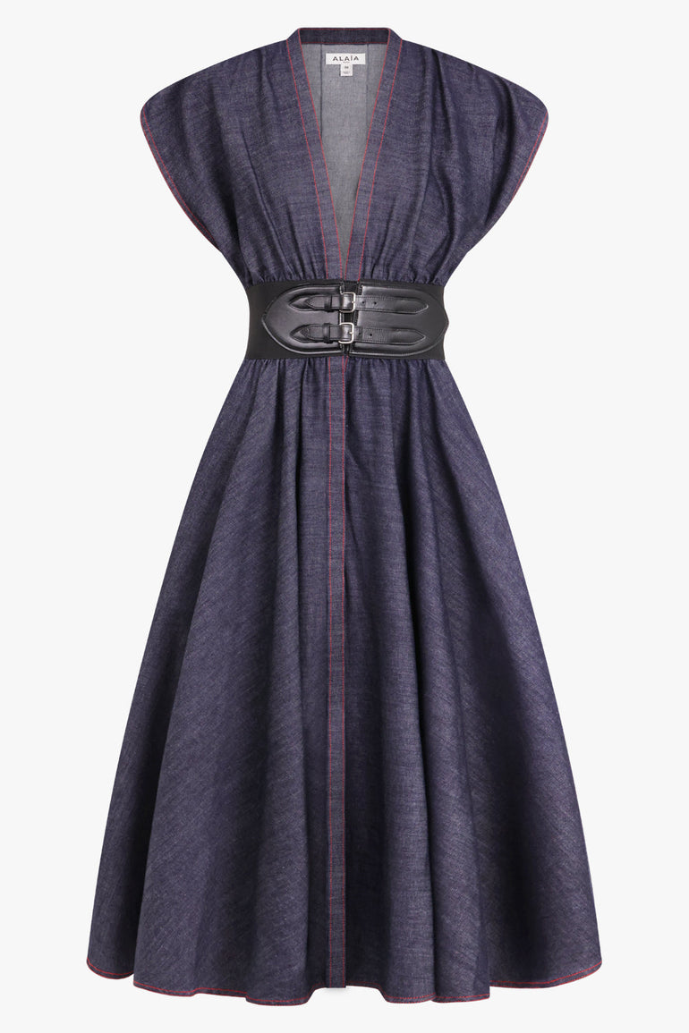 ALAIA RTW Denim Belted Midi Dress | Dark Blue