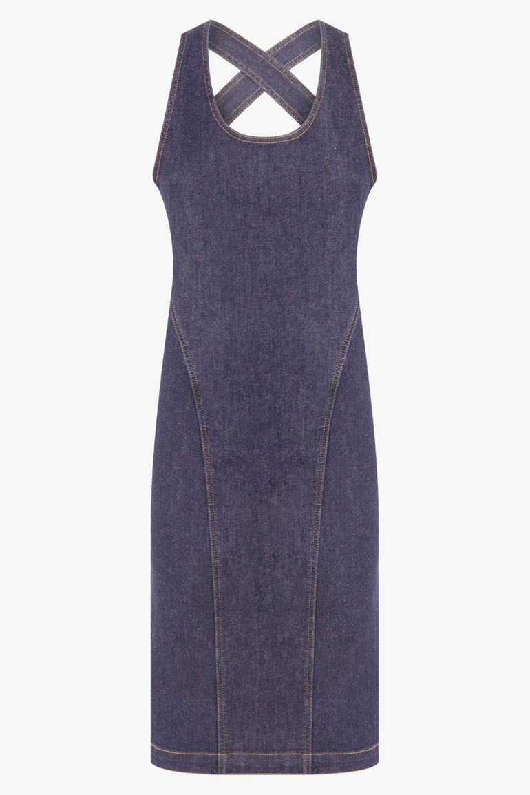 ALAIA RTW Cross Back Denim Midi Sculpt Dress | Blue