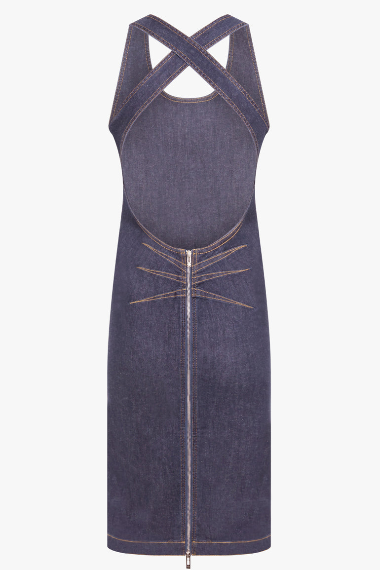 ALAIA RTW Cross Back Denim Midi Sculpt Dress | Blue