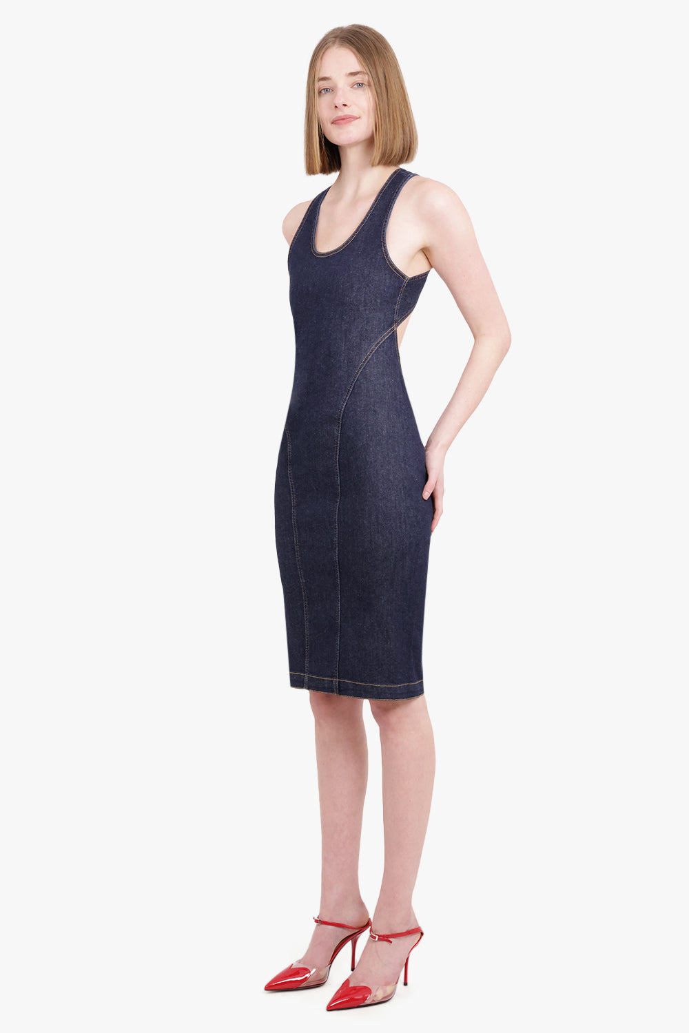 ALAIA RTW Cross Back Denim Midi Sculpt Dress | Blue