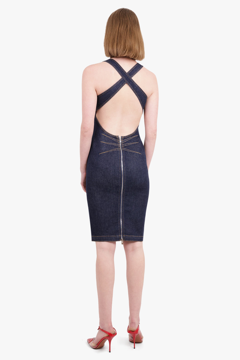 ALAIA RTW Cross Back Denim Midi Sculpt Dress | Blue