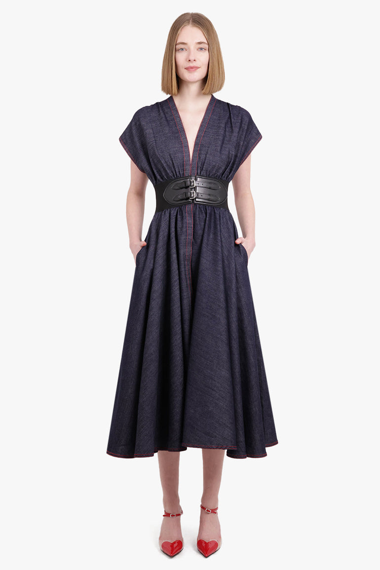 ALAIA RTW Denim Belted Midi Dress | Dark Blue