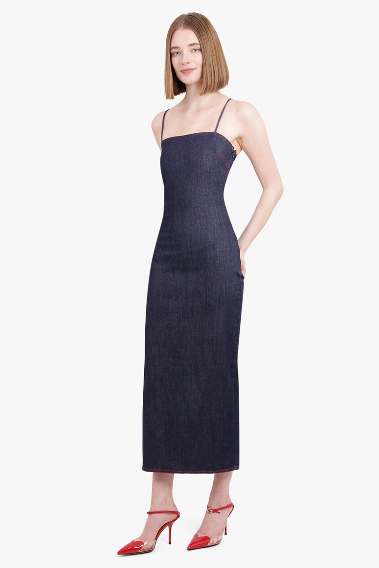 ALAIA RTW Denim Spaghetti Strap Midi Dress | Dark Blue