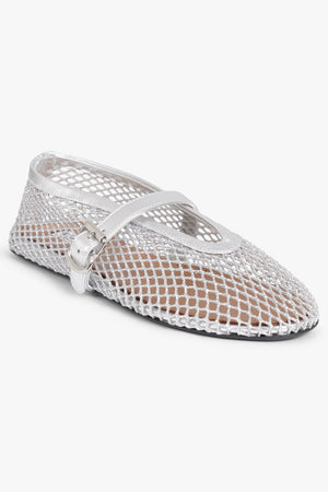 ALAIA SHOES Fishnet Mesh Ballet Flat | Silver