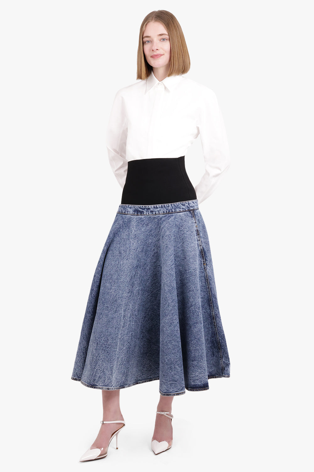 ALAIA RTW Flare Midi Denim Skirt | Blue Snow