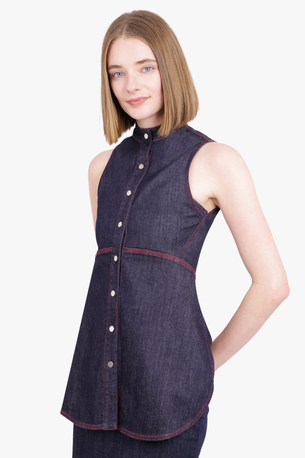 ALAIA RTW Sleeveless Denim Blouse | Dark Blue