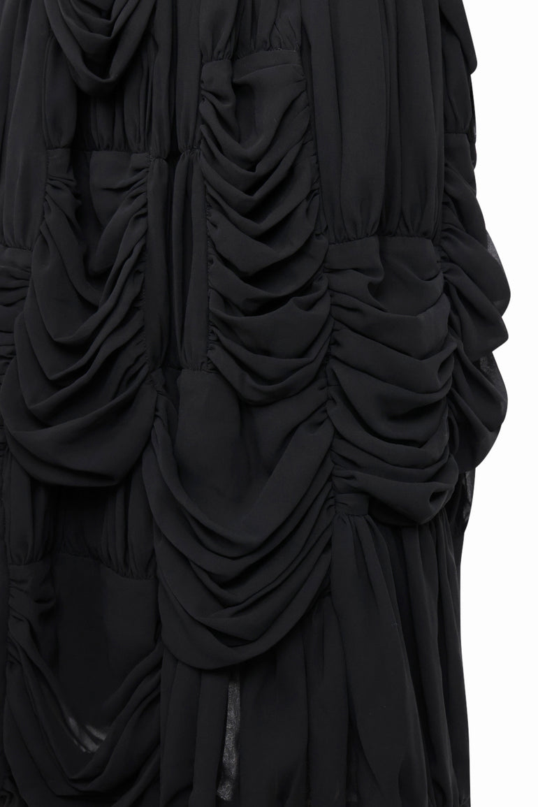 COMME DES GARCONS RTW Drape Ruched Panel Drawstring Midi Skirt | Black