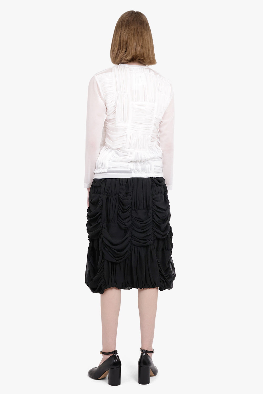 COMME DES GARCONS RTW Drape Ruched Panel Drawstring Midi Skirt | Black