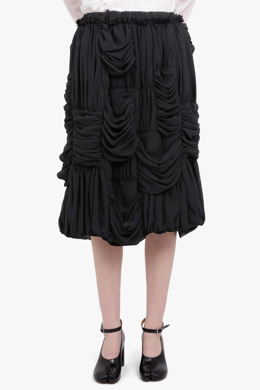 COMME DES GARCONS RTW Drape Ruched Panel Drawstring Midi Skirt | Black