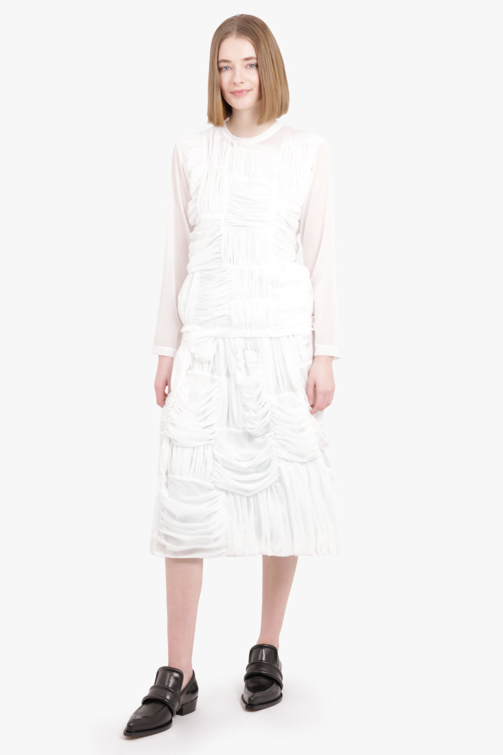 COMME DES GARCONS RTW Drape Ruched Panel Drawstring Midi Skirt | White