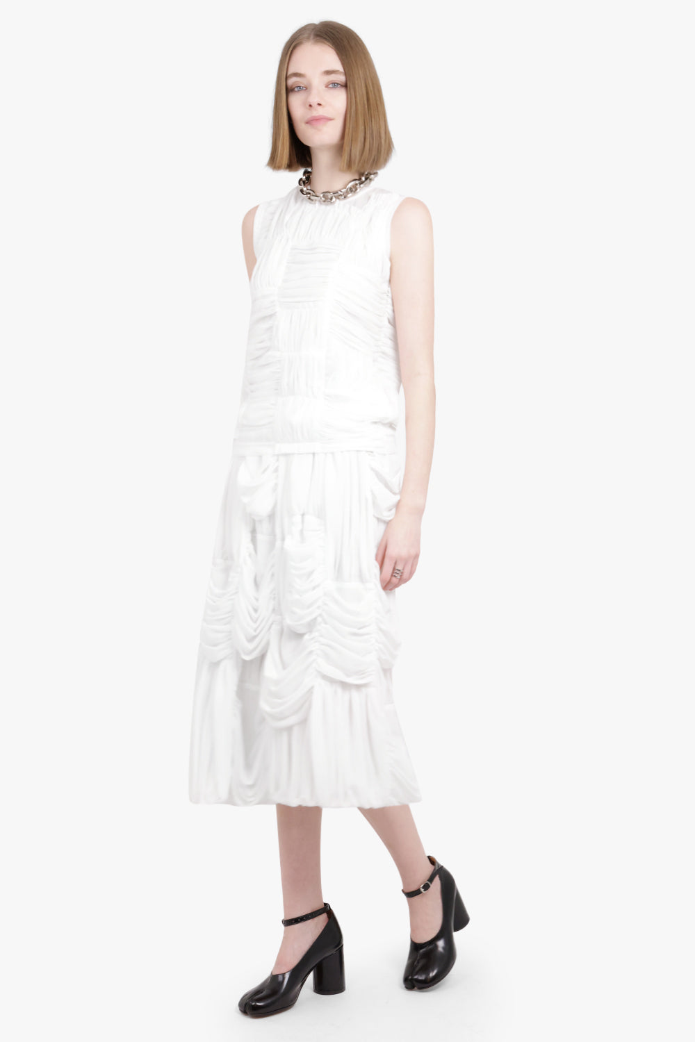 COMME DES GARCONS RTW Drape Ruched Panel Drawstring Midi Skirt | White