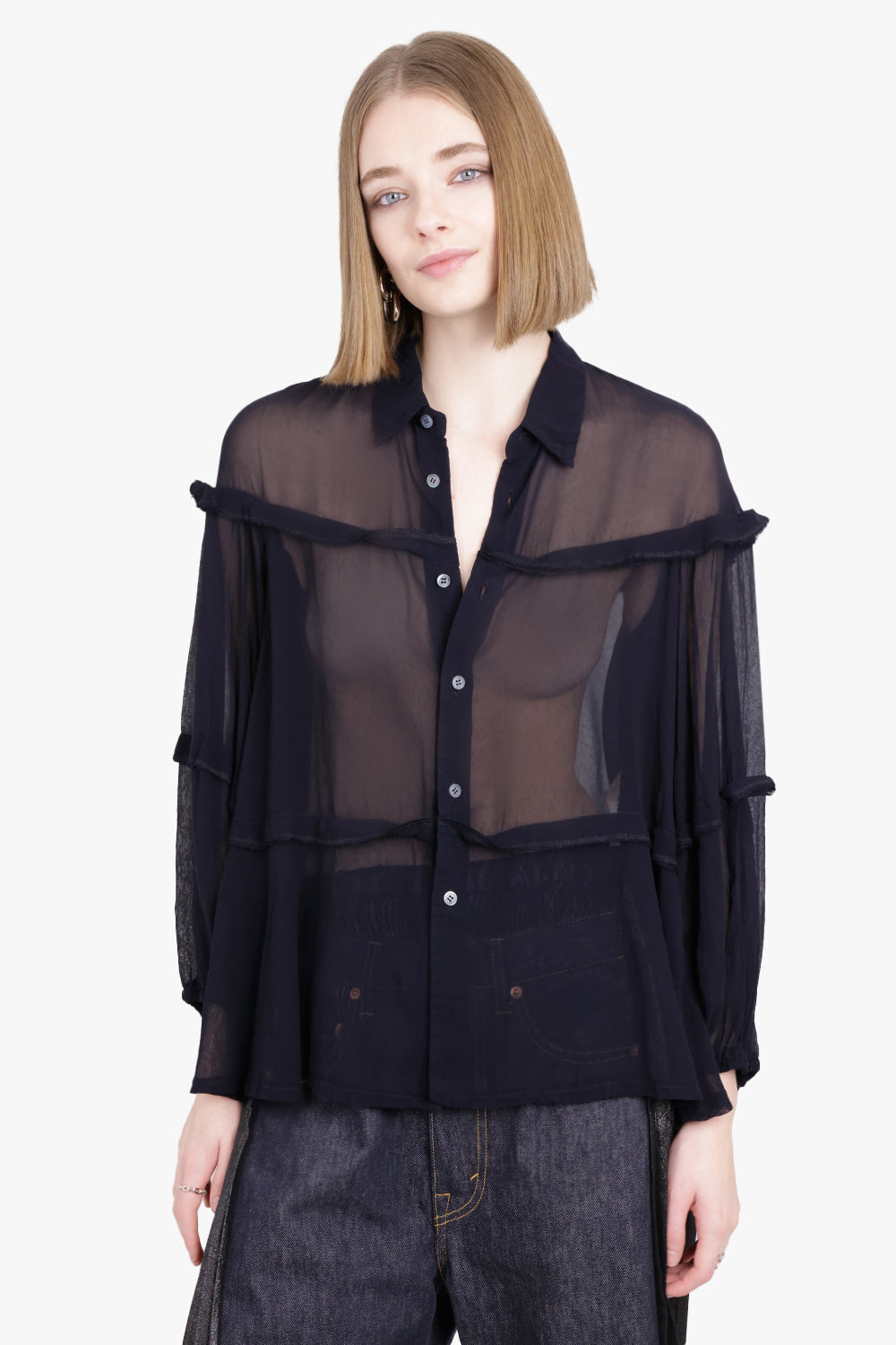 COMME DES GARCONS RTW Sheer Balloon Sleeve Panel Detail L/S Shirt | Navy