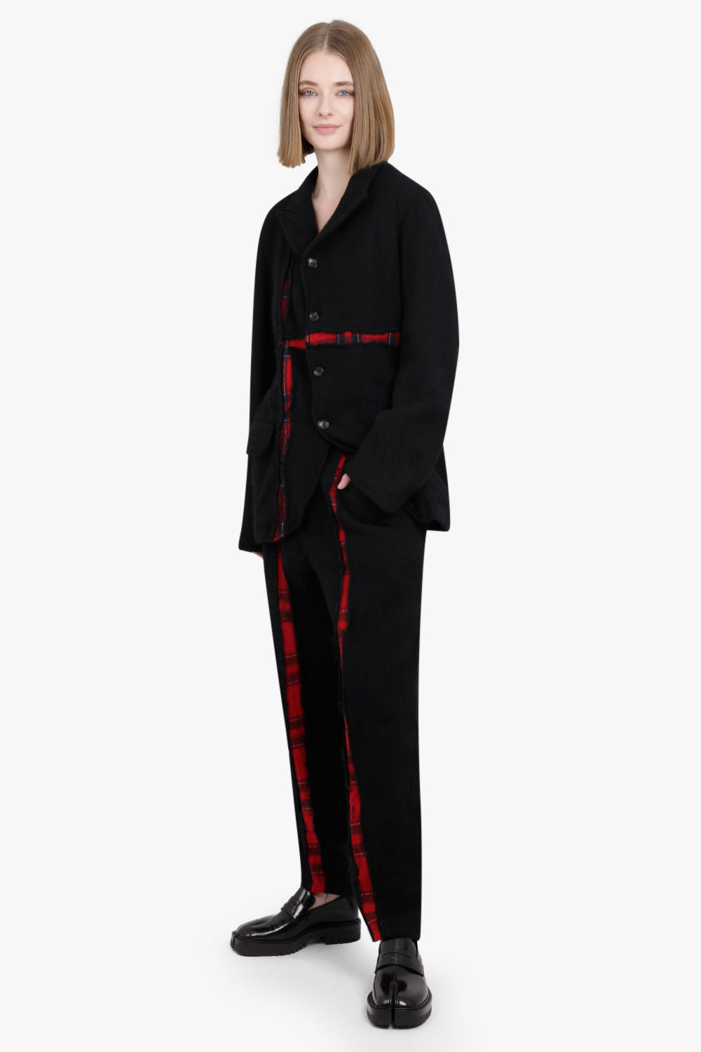 COMME DES GARCONS SHIRT RTW PANTS WITH TARTAN DETAILING | BLACK/RED