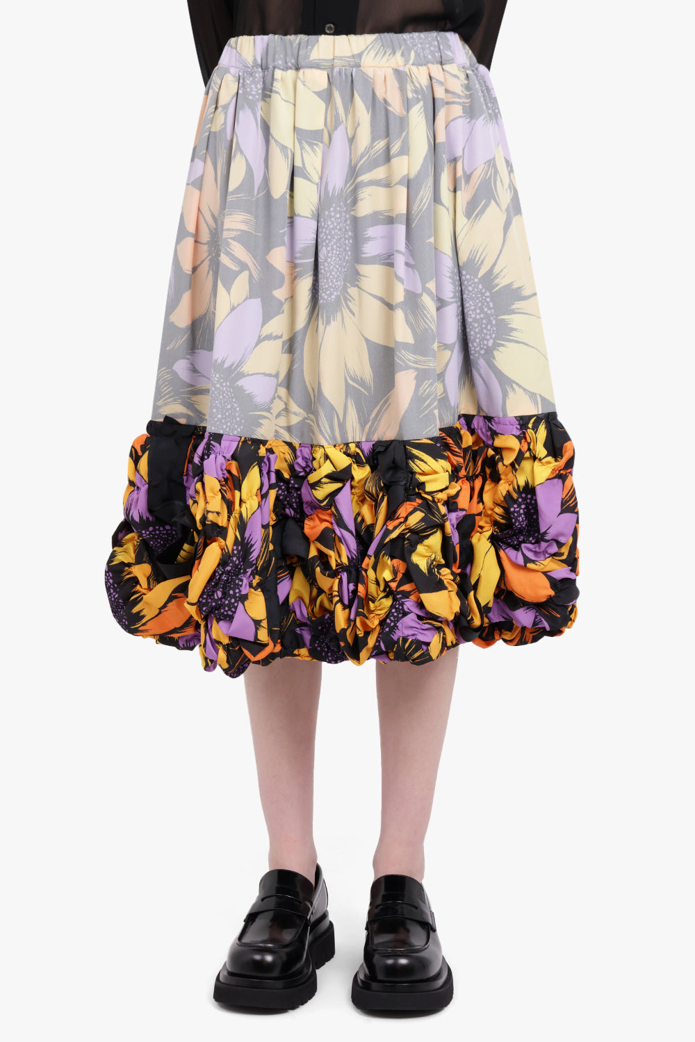 COMME DES GARCONS RTW Contrast Detail Floral Print Midi Skirt with Ruffle Hem | Multi