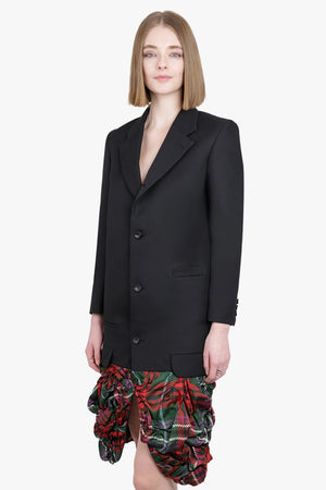 COMME DES GARCONS RTW Two Tone Coat with Check Print Ruffle Hem | Black/Tartan