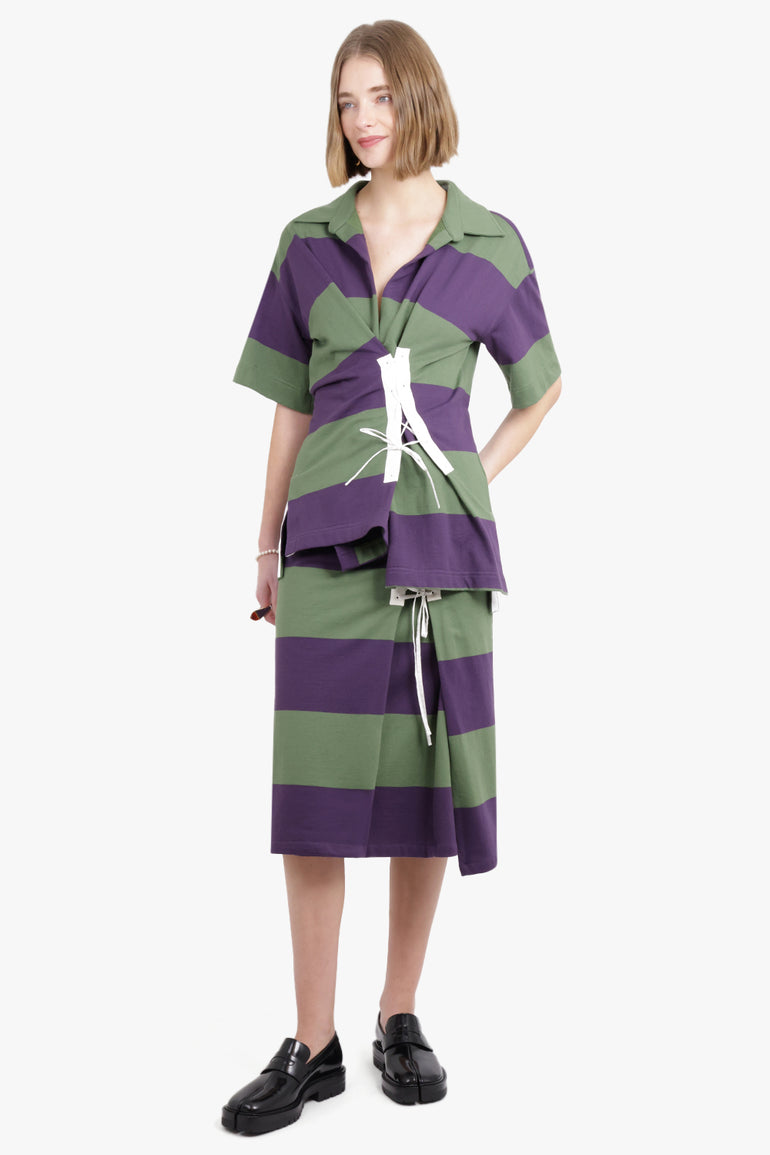 DRIES VAN NOTEN RTW Cross Stitch Tie Side Detail Stripe Midi Skirt | Dark Purple