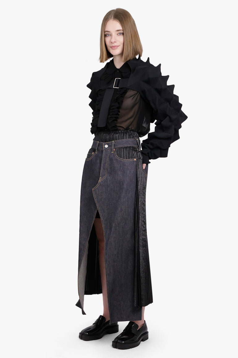 JUNYA WATANABE RTW Contrast Levi Denim x Pleat Layered Split Midi Skirt | Black