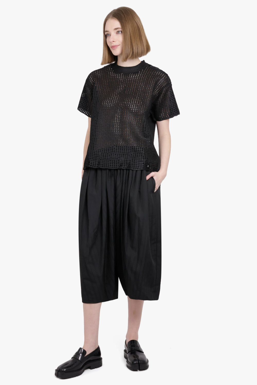 JUNYA WATANABE RTW Mesh Overlay S/S Distressed Knit T-Shirt Top | Black