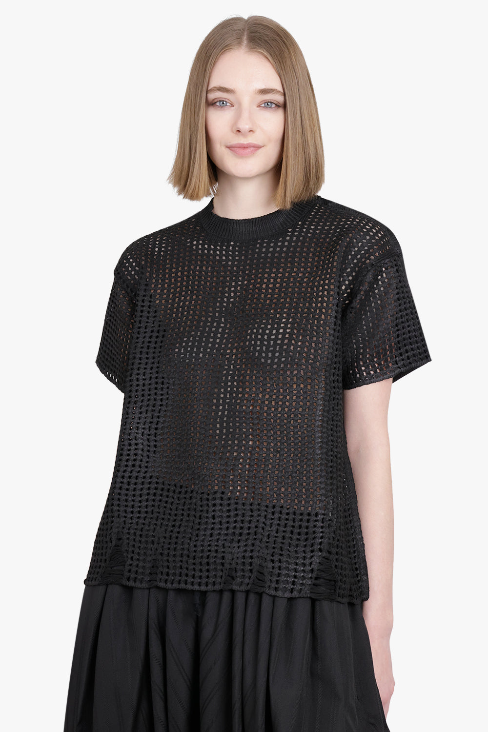 JUNYA WATANABE RTW Mesh Overlay S/S Distressed Knit T-Shirt Top | Black