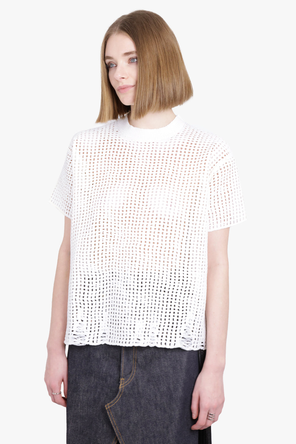 JUNYA WATANABE RTW Mesh Overlay S/S Distressed Knit T-Shirt Top | White