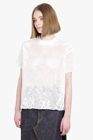 JUNYA WATANABE RTW Mesh Overlay S/S Distressed Knit T-Shirt Top | White