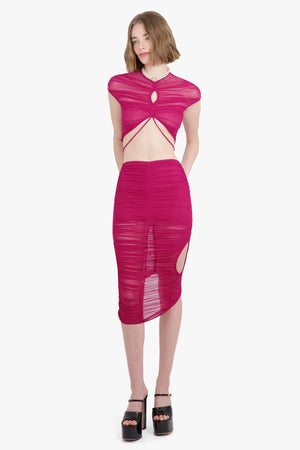 MUGLER RTW Sheer Mesh Bodycon Maxi Skirt | Magenta