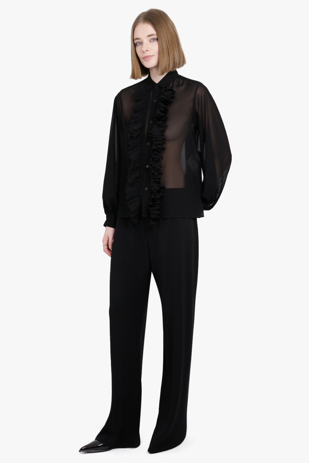 NOIR KEI NINOMIYA RTW Sheer Ruffle Detail L/S Shirt | Black