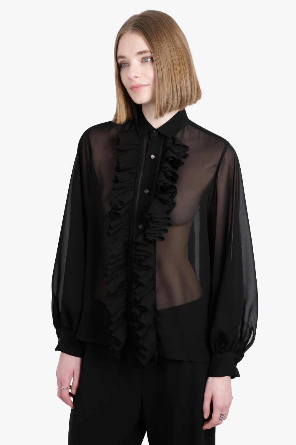 NOIR KEI NINOMIYA RTW Sheer Ruffle Detail L/S Shirt | Black