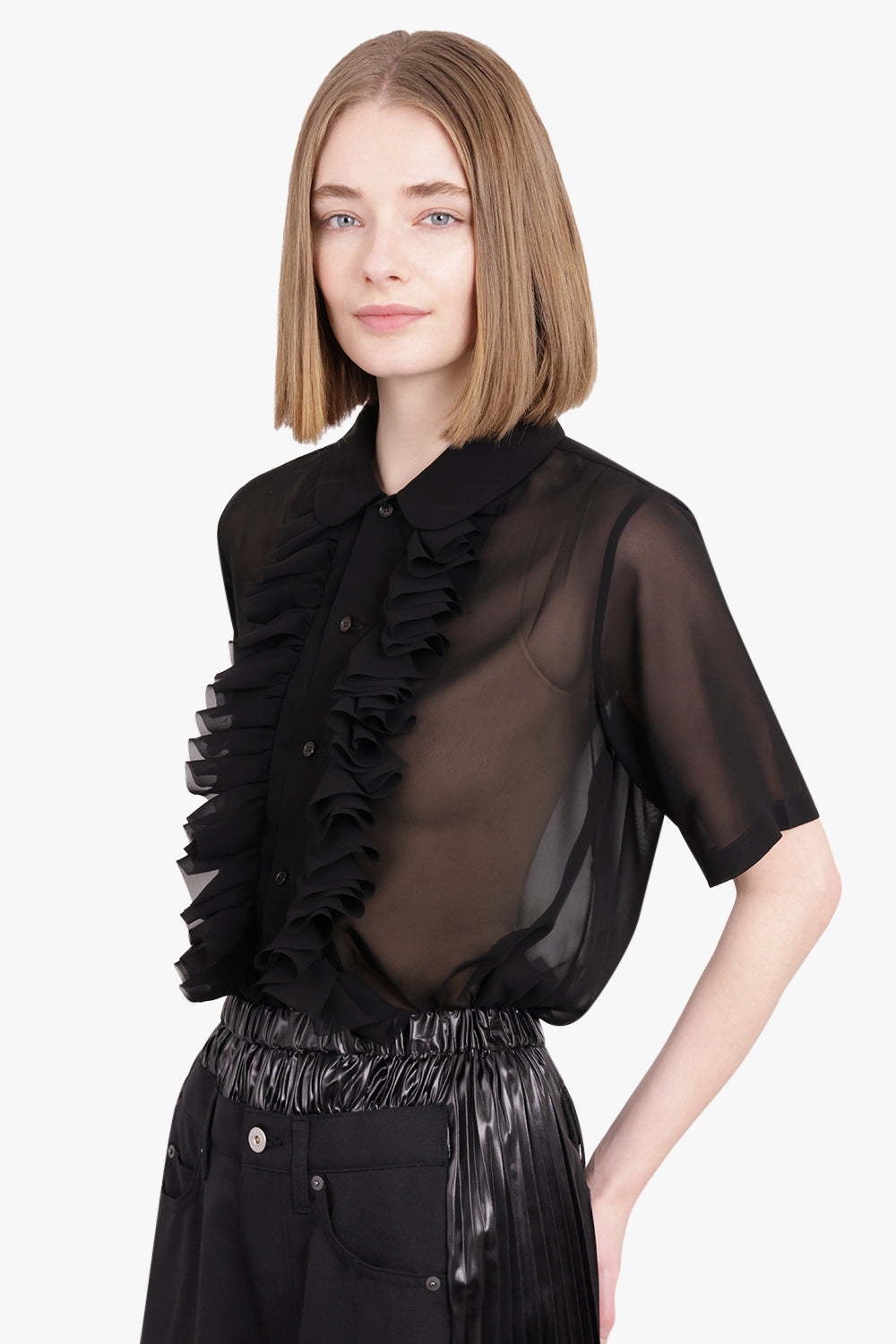 NOIR KEI NINOMIYA RTW Sheer Ruffle Detail S/S Shirt | Black