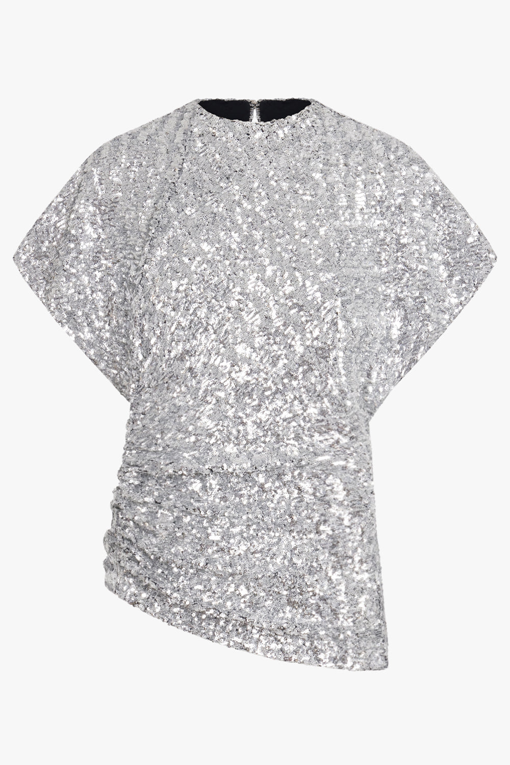 RABANNE RTW ASYMMETRIC RUCHED DETAIL SEQUIN TOP | SILVER