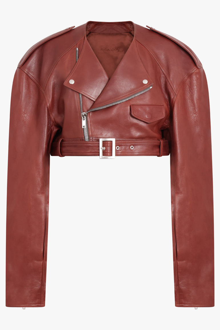 RICK OWENS RTW Cropped Leather Biker Jacket | Henna