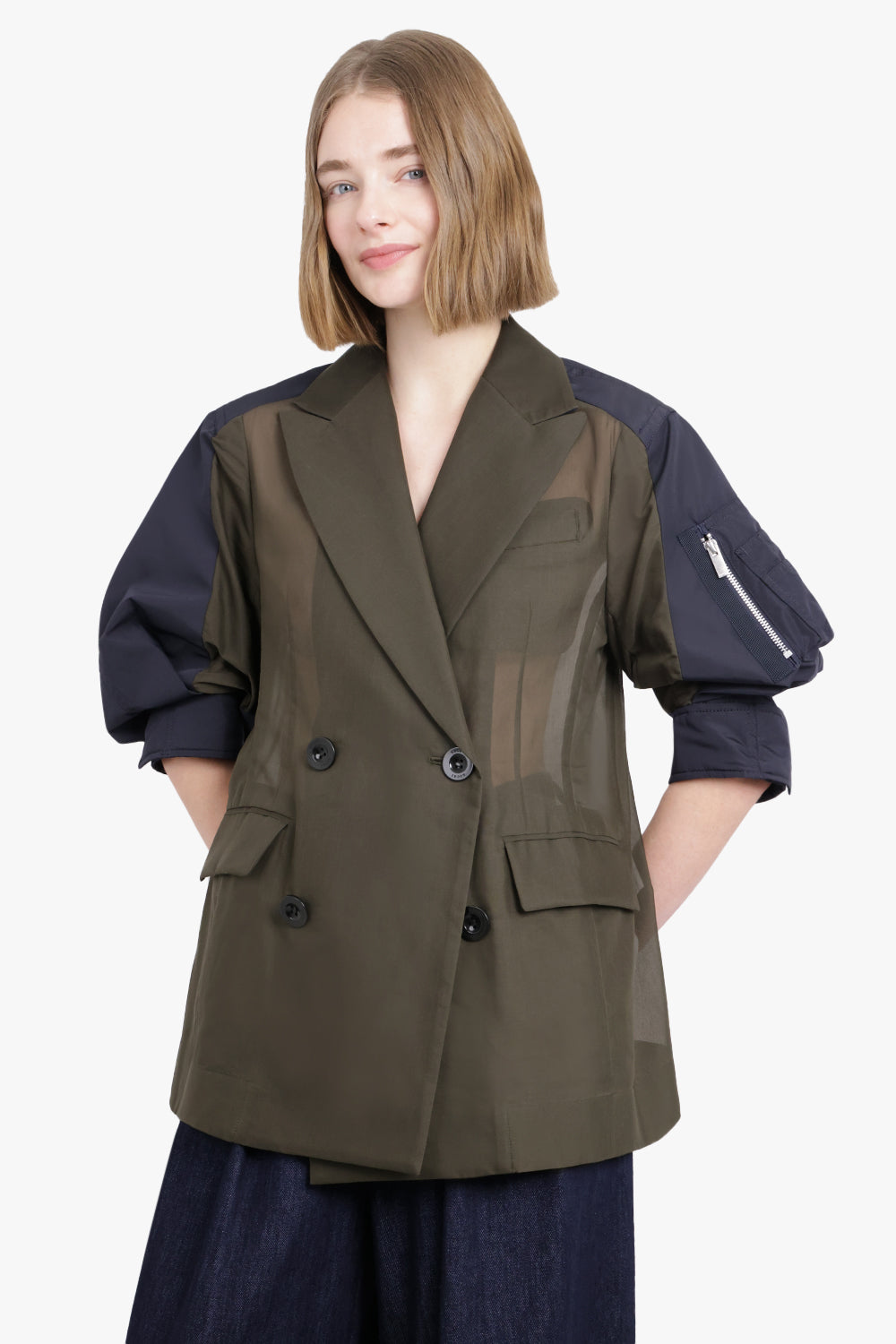 SACAI RTW Voile X Taffeta Jacket | Khaki Navy